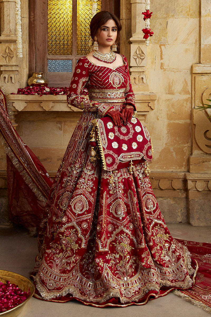 Traditional Pakistani Wedding long Frill Lehenga with Kurti and  Embellishment -