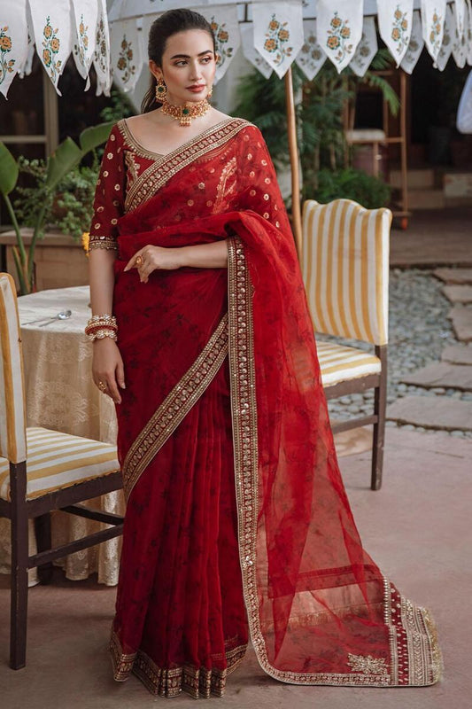 Wine Red Organza Saree-00S